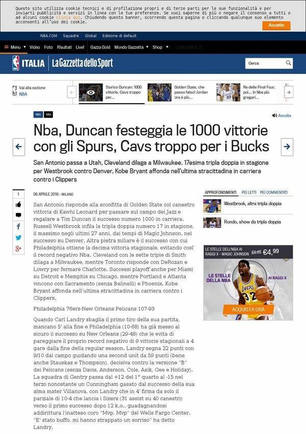 6 aprile 2016 gazzetta.it Nba, Duncan festeggia le 1000 vittorie con gli Spurs, Cavs troppo per i Bucks San Antonio passa a Utah, Cleveland dilaga a Milwaukee.