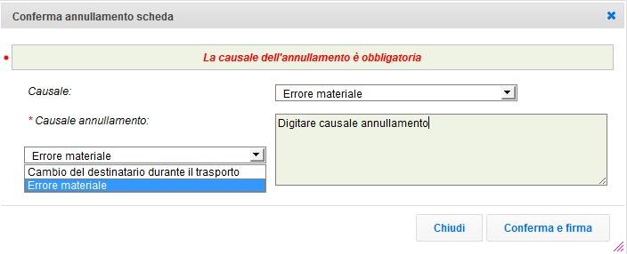 4 Selezionare la causale dell annullamento tramite il menù a tendina, descrivere la causale nell