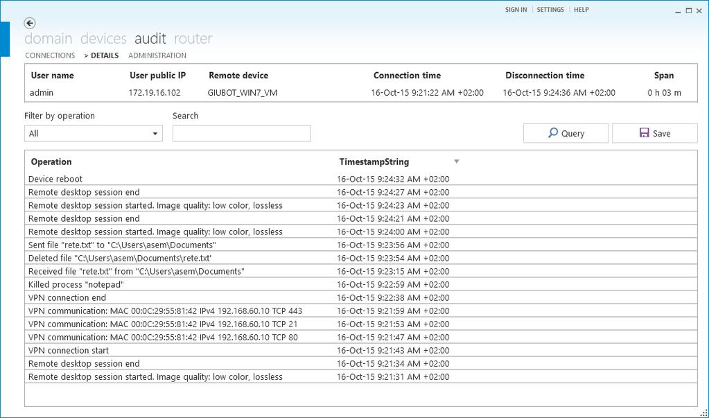 A partire dalla tabella del log delle connessioni per ciascuna di esse si può ora accedere ai relativi dettagli.