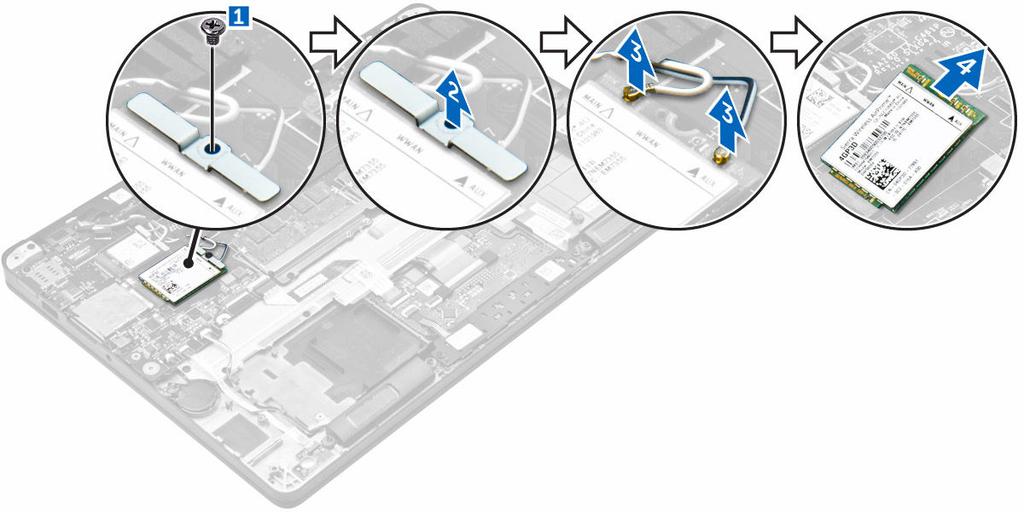 Installazione della scheda WWAN 1. Inserire la scheda WWAN nel connettore sul computer. 2. Collegare i cavi WWAN ai connettori sulla scheda WWAN. 3.