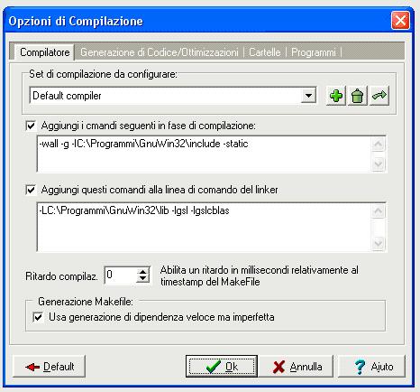 so C:\Programmi\GnuWin32 deve variare in funzione di dove sono installate le librerie): Nella prima casella va scritto: -g -IC:\Programmi\GnuWin32\include -static (attenzione nell opzione -lc:.