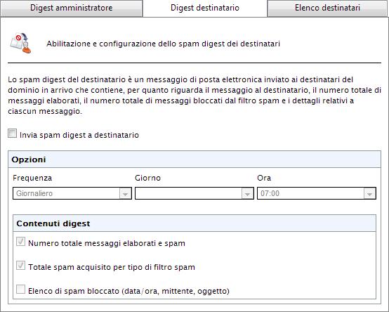 Schermata 77: spam digest destinatario 2. Dalla scheda Digest destinatario, fare clic su Invia spam digest a destinatario per abilitare lo spam digest. 3.