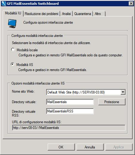 12.2 Modalità interfaccia utente L interfaccia utente di GFI MailEssentials può essere caricata solo sul computer di installazione (modalità locale) o accessibile sulla rete tramite http (modalità