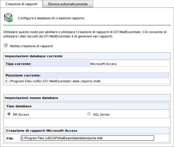 Configurazione di un database back-end Microsoft Access Schermata 22: configurazione di un database back-end Microsoft Access 1. Selezionare Creazione di rapporti > Impostazioni. 2. Selezionare Microsoft Access.