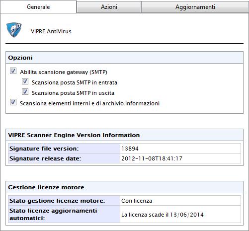 Schermata 29: configurazione Vipre 2. Selezionare la casella di controllo Abilita scansione gateway (SMTP) per scansionare i messaggi mediante questo motore di scansione antivirus. 3.