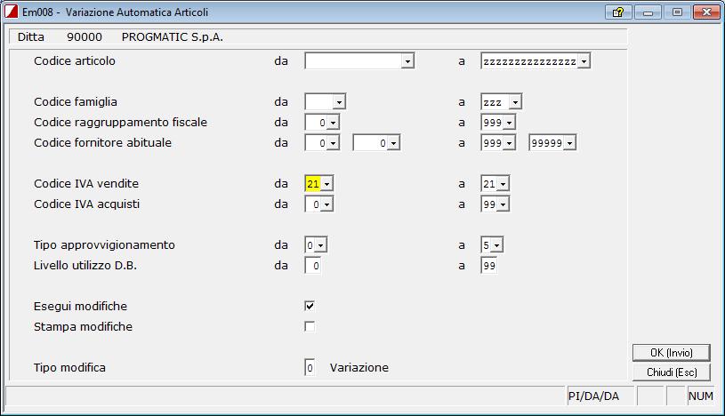 MODIFICA AUTOMATICA DEL CODICE IVA SUGLI ARTICOLI DI MAGAZZINO Archivi Elaborazione articoli Variazione automatica articoli Impostare i filtri in modo da richiedere solo gli