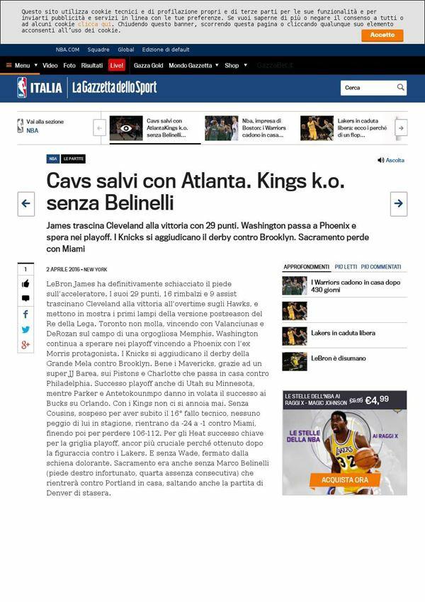 Cavs salvi con Atlanta. Kings k.o. senza Belinelli James trascina Cleveland alla vittoria con 29 punti. Washington passa a Phoenix e spera nei playoff.