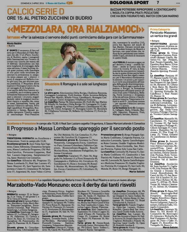 3 aprile 2016 Pagina 7 Il Resto del Carlino (ed. Bologna) Prima Categoria Persiceto Massese: un vertice tra grandi Bologna VENTOTTESIMA giornate nel campionato di prima categoria.
