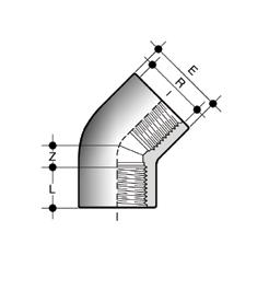 GFV300 4 16 130 39,3 80 1135 GFV400 HFV Gomito a 45 estremità femmina filettate R PN E L Z g Codice 1/2 16 28 15 6,5 18 HFV012 3/4 16 33 16,3 8 24 HFV034 1 16 41