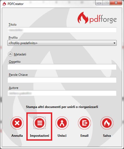 in formato PDF/A scegliere PDFCreator come stampante, inserire il titolo del documento del file e cliccare sul pulsante Salva.
