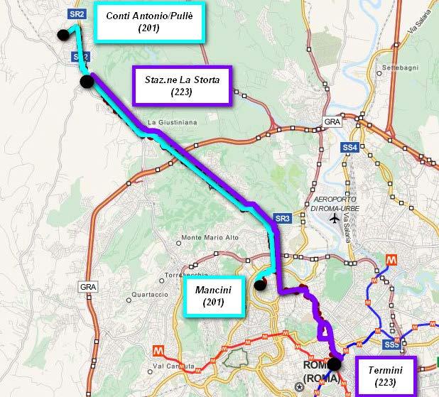 2.2.5 PROVVEDIMENTO 5: LINEE 201 223 (ATAC) 032 (RMTPL) Figura 7 Rappresentazione delle linee 201 223 ATTUALE La linea 201 mantiene percorso e funzioni (Mancini-Olgiata) mentre la linea 223