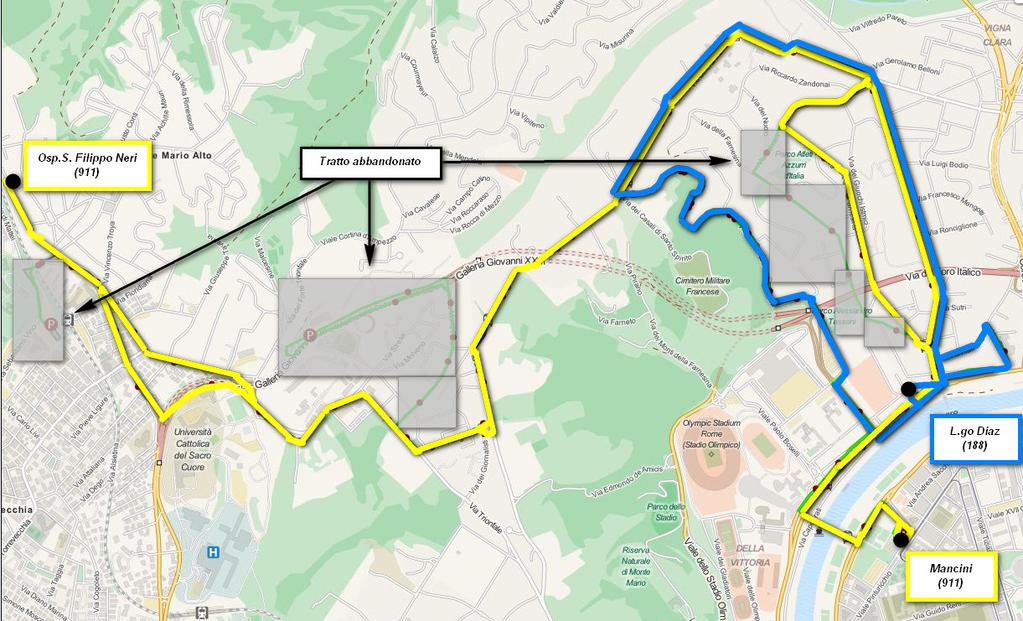 La relazione tra il Trionfale e il settore Cassia sino a piazza Mancini è servita dalla linea 911 che viene prolungata dalle stazione di Monte Mario all ospedale San Filippo Neri ed estesa nell