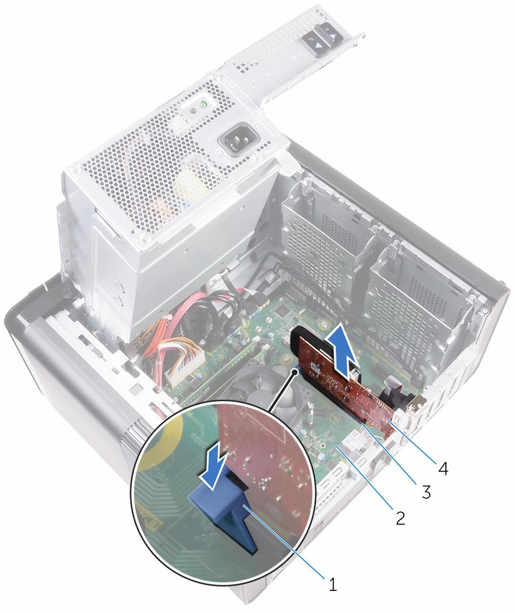 2 Allontanare la linguetta di fissaggio sullo slot PCIe dalla scheda grafica, afferrare la scheda dal suo angolo superiore ed