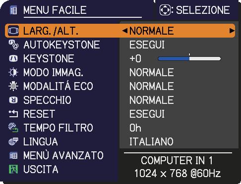 MENU FACILE 3M Digital Projector WX36 Selezionare una voce del menu mediante i cursori seguente. Voce LARG./ALT.