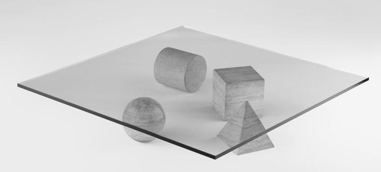Complementi di arredo Metafora design Lella e Massimo Vignelli, 1979 Le quattro forme della geometria Euclidea, Cubo, Cilindro, Sfera e Piramide, in quattro marmi diversi, formano la base del tavolo