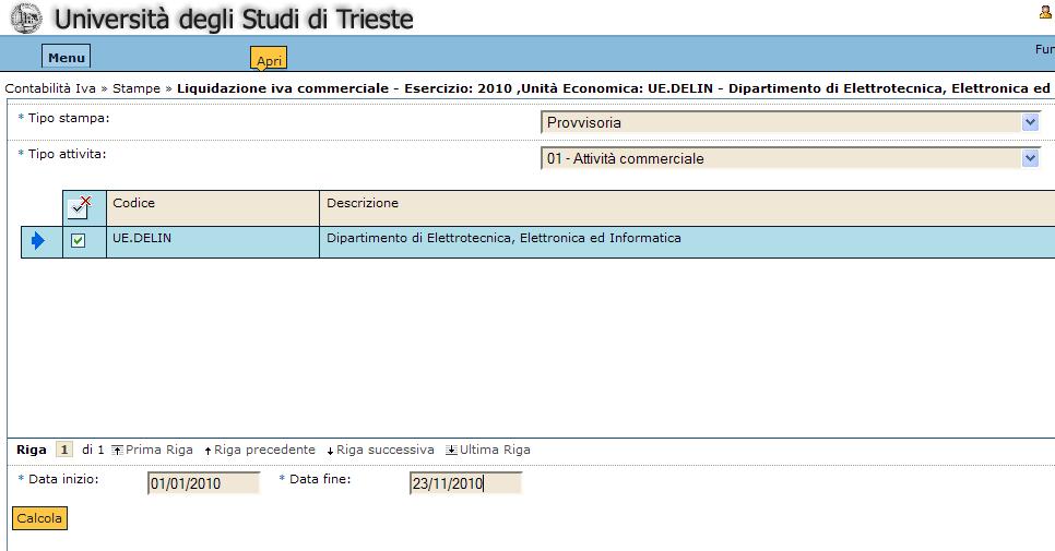 Scelta del - tipo di stampa: provvisoria/definitiva - tipo attività Inserimento periodo stampa Quindi cliccare sul tasto (in basso a sinistra).