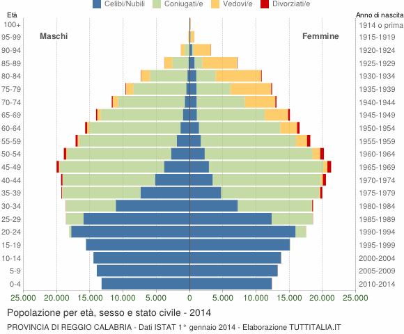 Piramide per età della popolazione della provincia di Reggio Calabria - anno 2014 Figura 6 La forma di questo tipo di grafico dipende dall'andamento demografico di una popolazione, con variazioni