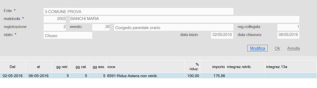 Esempio di gestione: Congedo ad ore richiesto per figlio di 10 anni, fruito dal 02 maggio 2016 al 06 maggio 2016 (5 mezze giornate) Trattandosi di congedo per figlio che ha superato gli 8 anni, non è