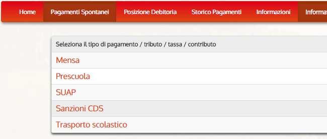 Scegliere il tipo di tributo che si vuole pagare. In questa guida faremo l'esempio di pagamento della mensa scolastica ma il procedimento per gli altri tipi di tributo è lo stesso.