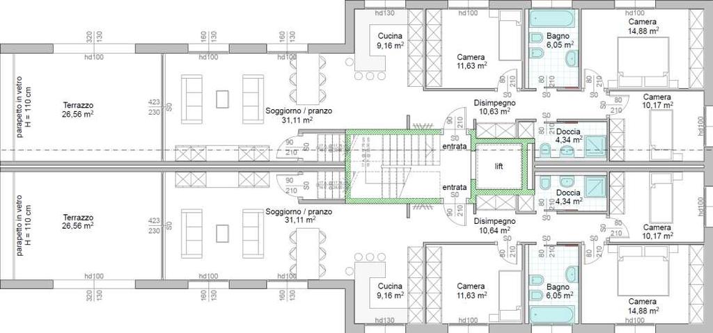 Piani 1:100 Piano attico Il piano attico prevede la medesima disposizione dei locali come per gli appartamenti sottostanti, ed anche in questo caso è data la facoltà di esprimere desideri di