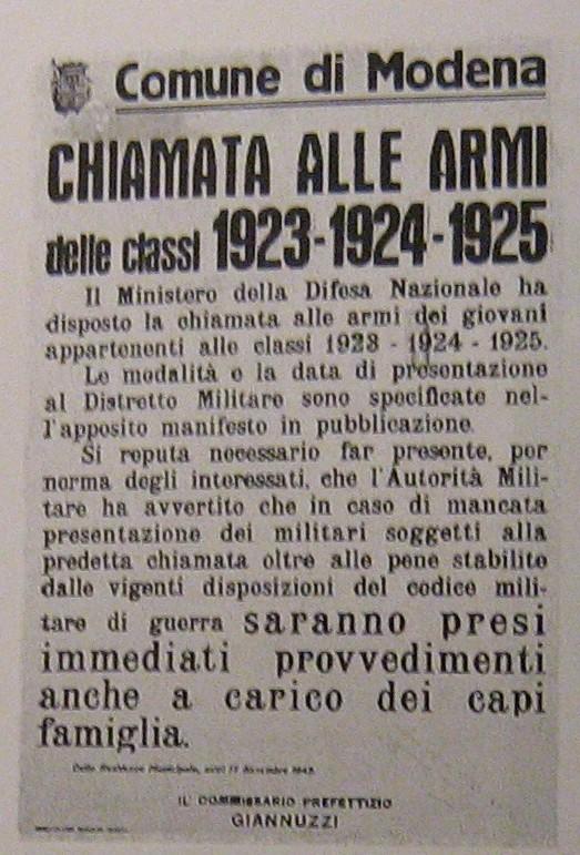 Dal nov '43 al giugno '44 sono emanati 8 bandi di richiamo e Decreti Legge che minacciano la pena di morte per renitenti e