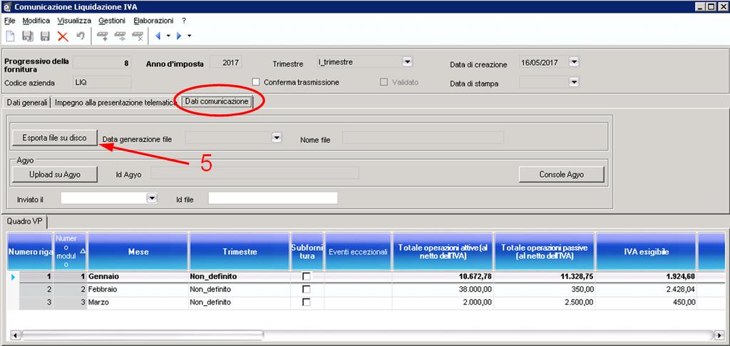 5) Spostarsi nella sezione Dati Comunicazione e cliccare sul pulsante Esporta file su disco per generare il file XML da inviare in via Telematica alla Agenzia delle Entrate e/o al commercialista.