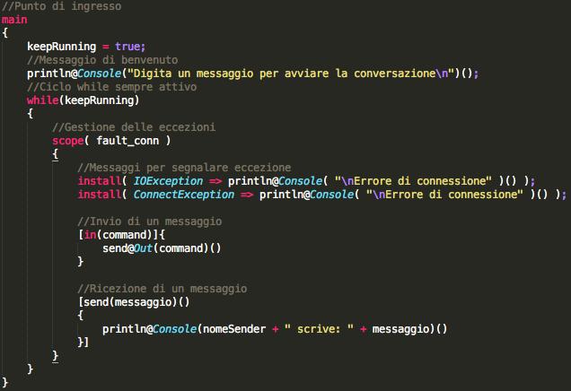 64 5. Da Java a Jolie: utilizzo concreto di SSL Successivamente vengono dichiarate due input choice, le quali restano in ascolto in attesa della ricezione dell input per poter eseguire determinate