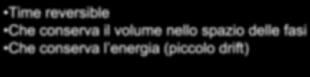 Un buon algoritmo,, cioè Time reversible Che conserva il volume nello spazio delle fasi Che conserva l energia (piccolo drift È molto