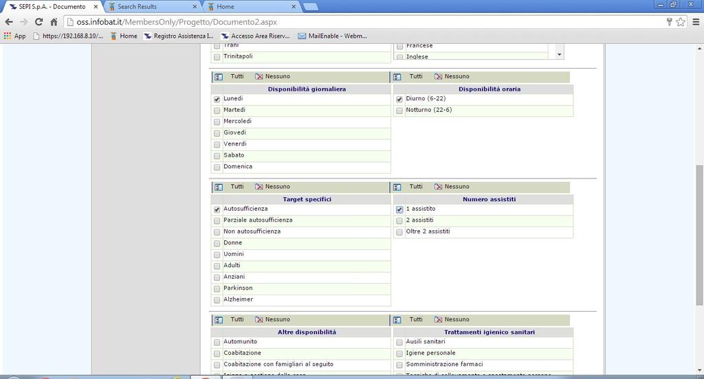 Figura 9: Compilazione Sezione "Disponibilità giornaliera" e "Disponibilità oraria", "Target specifici" e "Numero assistiti Disponibilità giornaliera: indicare i giorni nei quali è richiesta l