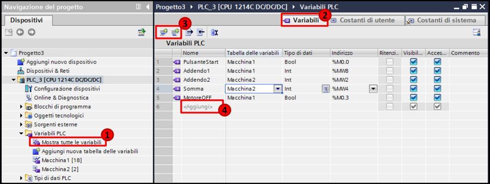 1 Inserimento di una nuova variabile PLC Per inserire una nuova variabile seguire le seguenti istruzioni 1- Nella cartella 'Variabili PLC', fare doppio click su 'Mostra tutte le variabili'; 2-