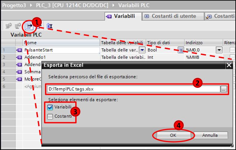 4.2.1.3 Esportare tabella delle variabili/costanti in foglio excel In TIA Portal è possibile esportare le costanti e le variabili di un dispositivo in un foglio excel in formato '.