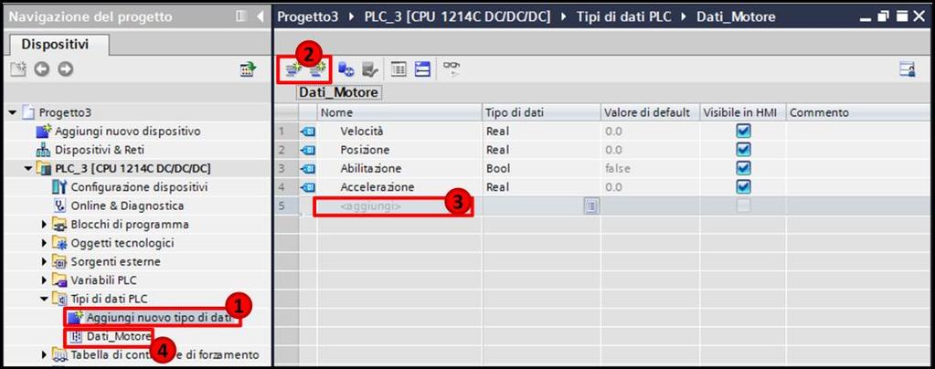 doppio click su 'Aggiungi nuovo tipo di dati'; 2- Se non è presente una riga disponibile per l'aggiunta delle variabili, cliccare su una delle variabili già