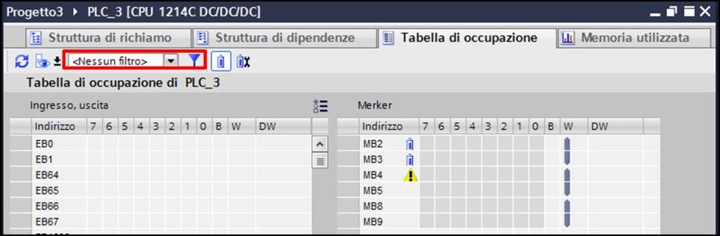 4.5.5 Memoria utilizzata Un'altro strumento molto utile messo a disposizione dal TIA Portal è la finestra di 'Memoria utilizzata'.