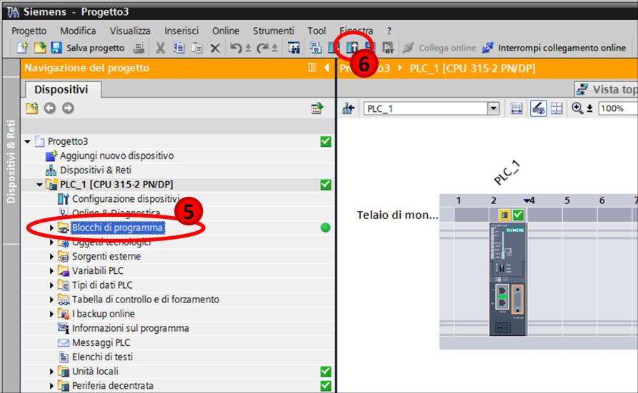 5- Selezionare dalla Navigazione del progetto, l oggetto che si vuole scaricare ovvero la cartella Blocchi di programma ; 6- Solo ora sarà attivo il
