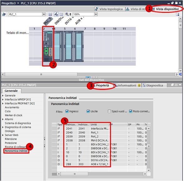 1- Selezionare la Vista dispositivi del dispositivo che contiene il relativo modulo da indirizzare; 2- Selezionare il modulo di cui si vogliono definire gli indirizzi; 3- Selezionare la