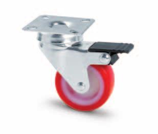 Castors in zinc-chromium plated pressed steel turning on double rim of balls. Blue rubber tyre flanged with thermoplastic material. Locking device to stop wheel rotation.