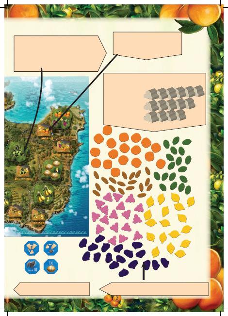 3. Le 42 tessere Frutta vengono mescolate coperte. Poi si formano 10 mazzetti di 4 tessere ognuno. Posizionarne uno per ogni regione e scoprire la tessera superiore di ognuno.