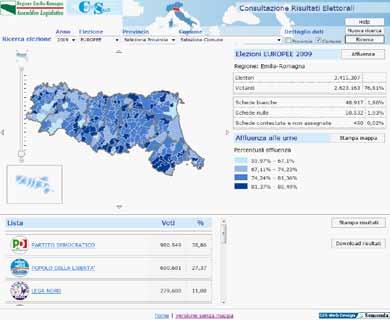 5. Modalità di utilizzo La figura seguente mostra il sistema web GIS di Consultazione dati elettorali suddiviso nelle sezioni principali che la