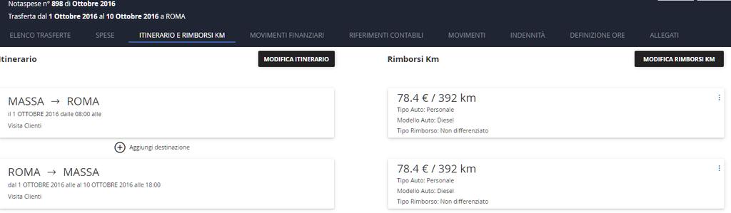 ITINERARIO E RIMBORSI KM In questa sezione sono elencate tutte le tratte effettuate durante la trasferta, il totale dei chilometri percorsi e l'importo dell'eventuale rimborso