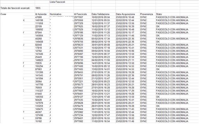 3.6. FASCICOLO ESPORTAZIONE IN EXCEL Nella parte sottostante l elenco risultato dalla ricerca (Cfr.