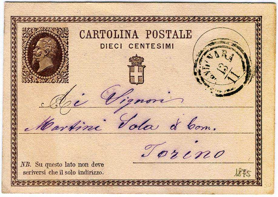 1 ; viene presentata con l effige di Vittorio Emanuele II prestampata a sinistra e la sua tariffa era di 10 centesimi (metà di quella per le lettere).