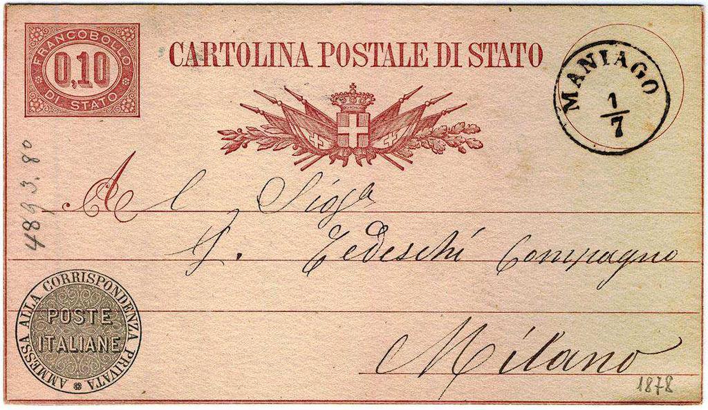 1877, per smaltire le notevoli rimanenza inutilizzate delle cartoline postali di stato di 10 cent.