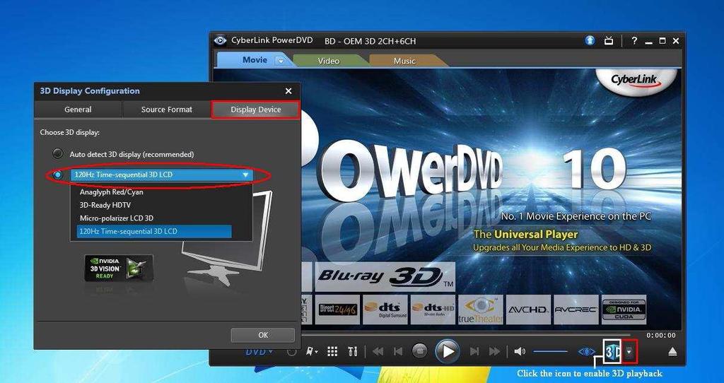 Fare clic sulla freccia a destra accanto all'icona "3D" su PowerDVD10 per avviare la configurazione