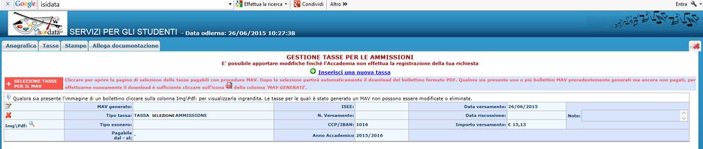 Cliccare su "Inserisci". Anche in questo caso è possibile apportare modifiche fintanto che l ISIA non abbia già effettuato la registrazione.