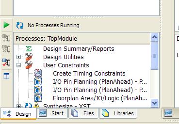 Figura 12 Dettaglio del menù Design In particolare è anche possibile verificare oppure cambiare la posizione dei pin del FPGA individuati tramite il file UCF.