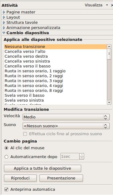 Impostare le transizioni Dalla scheda Cambio diapositiva del pannello Attività (si attiva dal menù principale: Presentazione Cambio diapositiva) Impostare transizione e