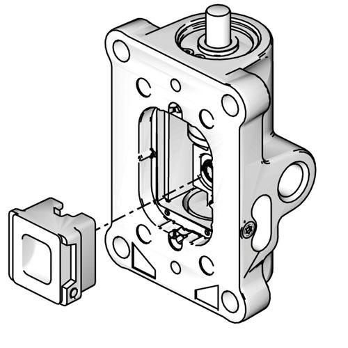 Motori M02xxx e M04xxx: lubrificare e installare la coppa della valvola pneumatica (2 ). Allineare il piccolo magnete circolare all ingresso dell aria.