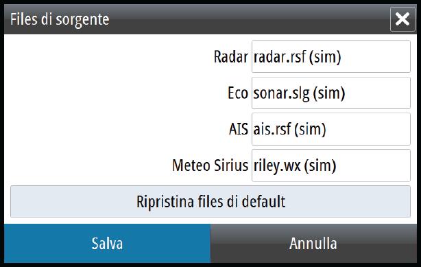 20 Simulatore La funzione Simulatore consente di osservare il funzionamento dell'unità in una posizione stazionaria e senza il collegamento all'ecoscandaglio, al radar, al GPS e così via.