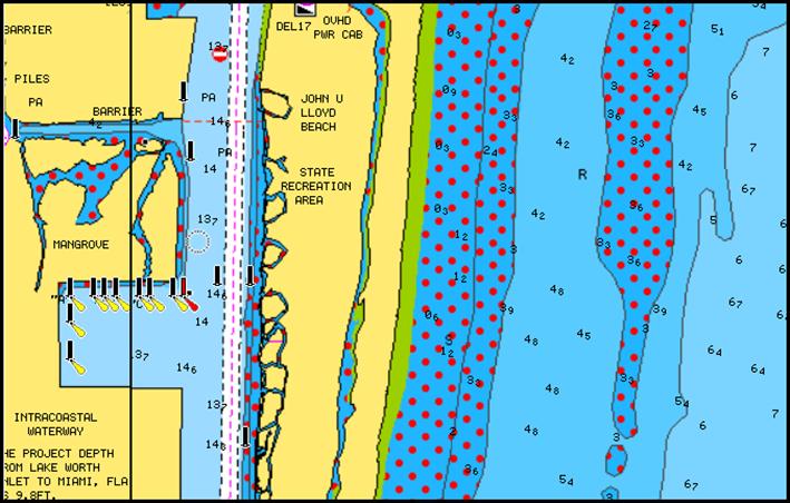 Permette di evidenziare le aree di acqua comprese tra 0 e una profondità selezionata (fino a 10 metri/30 piedi).