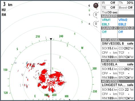 Il movimento del radar viene indicato nell'angolo superiore sinistro del riquadro del radar sia come TM (True Motion, moto reale) sia come RM (Relative Motion, moto relativo).